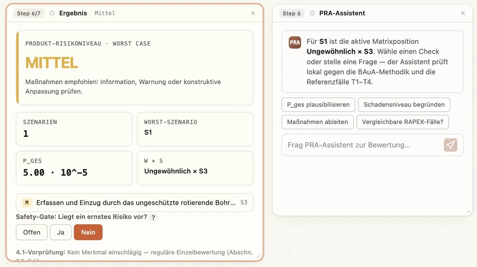 Screenshot des Online-Tools zur Risikobewertung nach GPSR